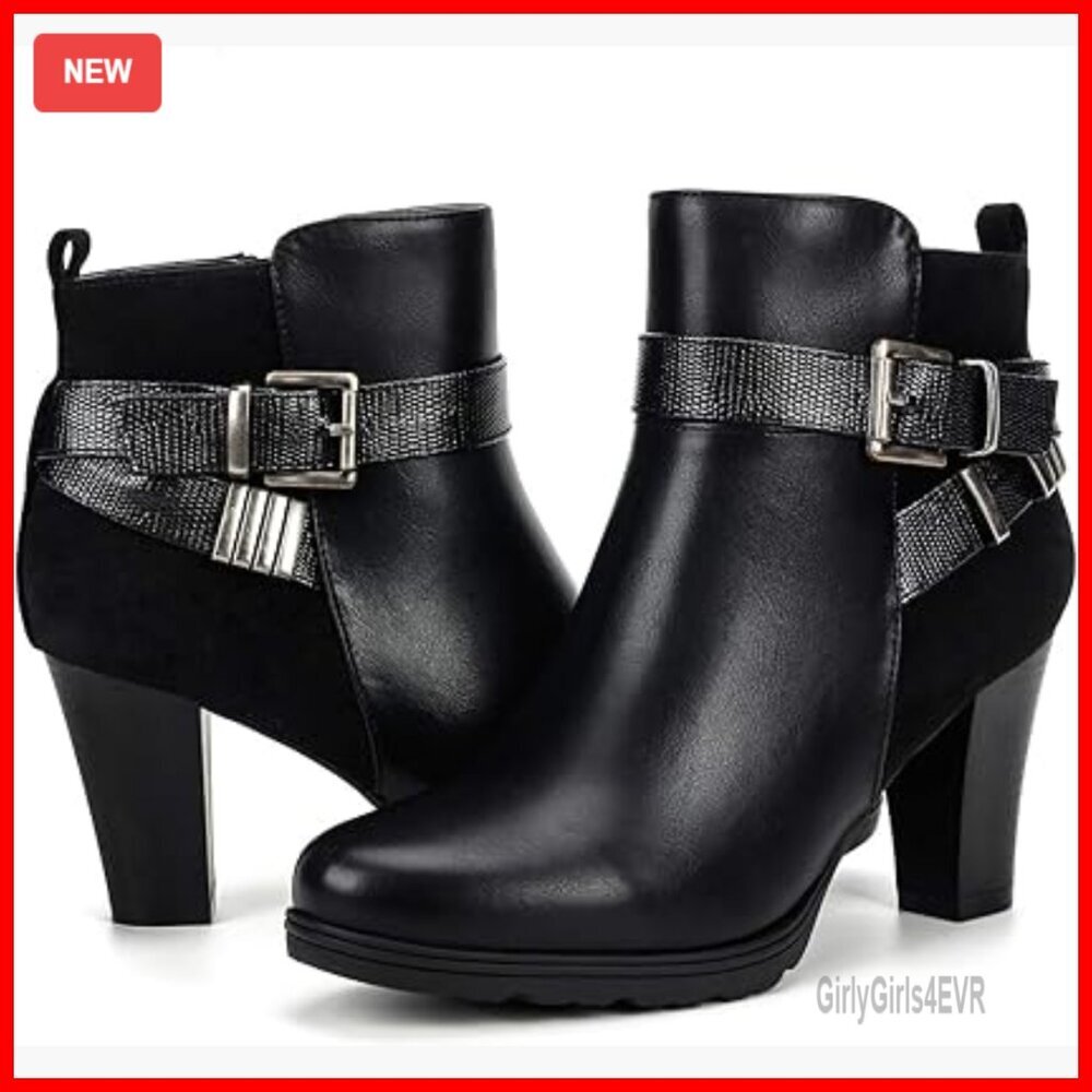 Women's Chunky Heel Ankle Boots with Zipper and Buckle Strap